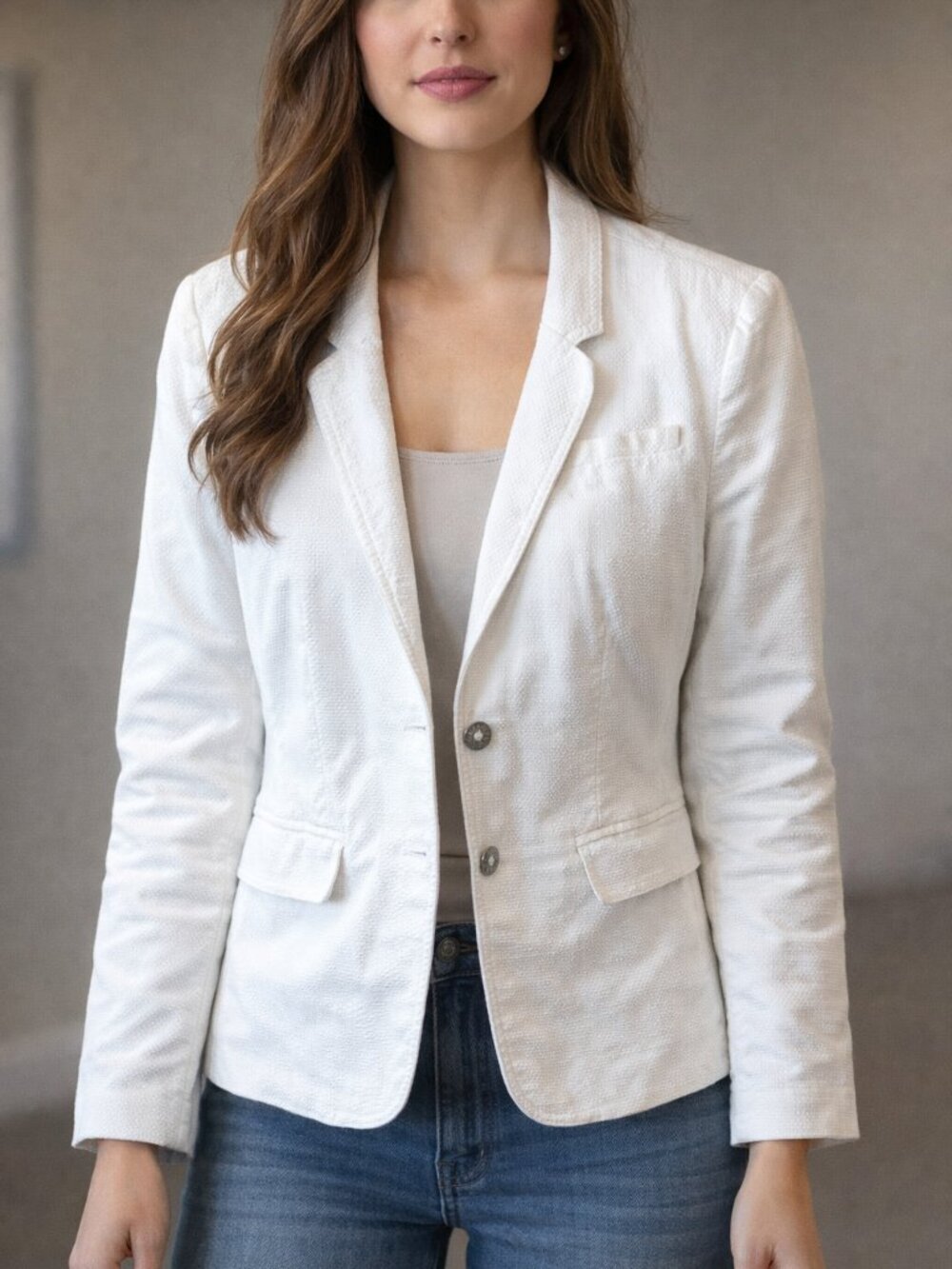 Banana Republic Long Lean Blazer Jacket White Pinstripe Women Career 12